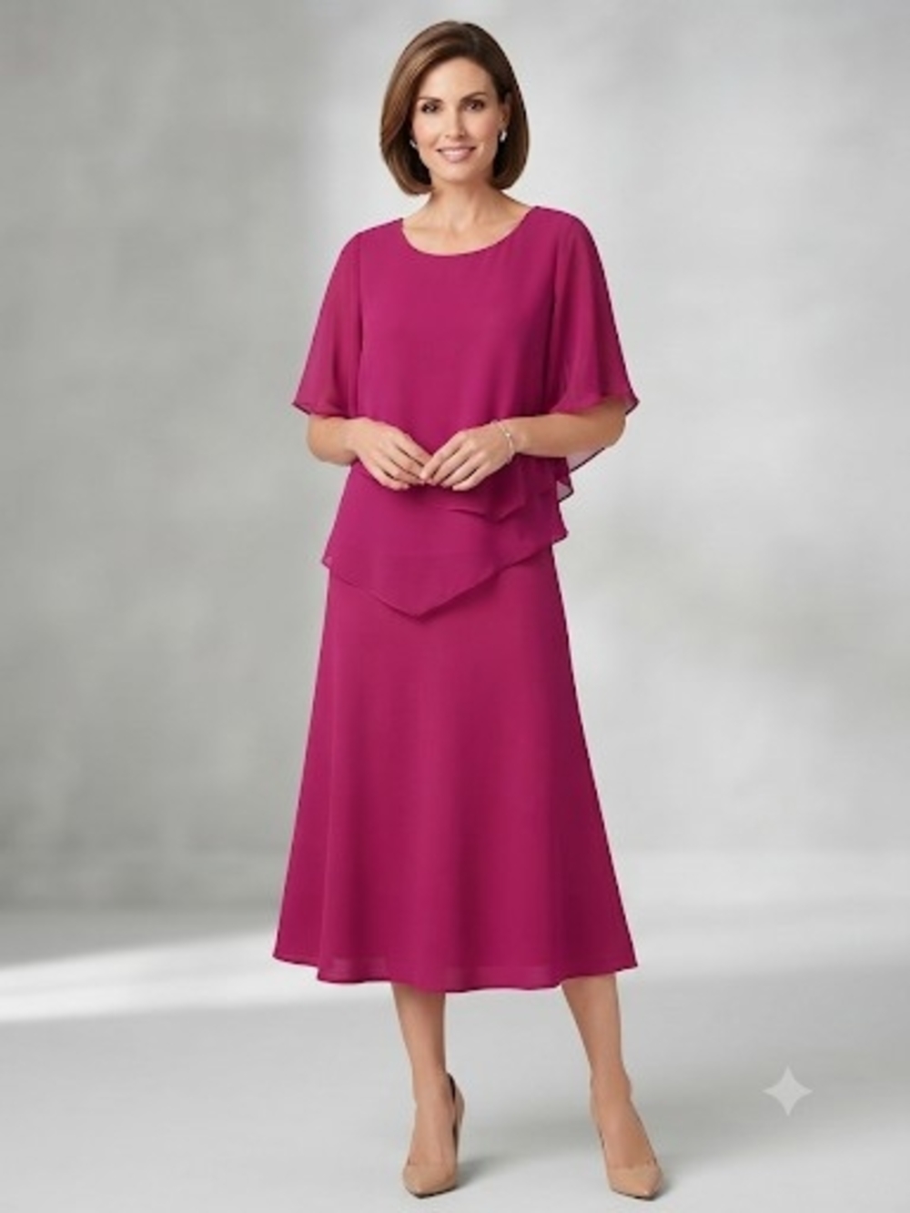 Elegant Fuchsia Midi Dress with Layered Overlay